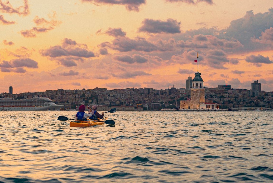 Paddling toward the Maiden's Tower with ferries crossing the Bosphorus behind