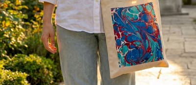Guest carrying a handmade Ebru marbled tote bag through a historic Istanbul courtyard